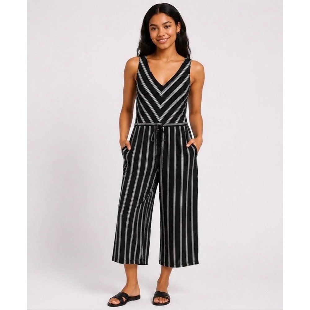 Gap Women Black White Striped Sleeveless V-Neck Wide Leg Cropped Jumpsuit Sz S